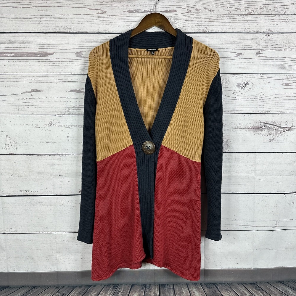 J Peterman Cardigan Sweater‎ Womens Small Brown Red Color Block Knit Button